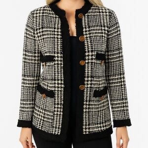 Zara Long Collarless Tweed Houndstooth Jacket Sz Sm
